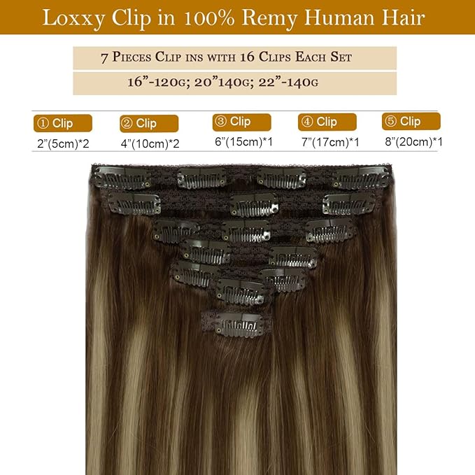 Loxxy Human Hair Extensions Clip ins Real Hair Clip in Extensions 18inch 120gram Thick Hair Extensions Omber Brown 4 to Highlights Caramel Blonde 26 Clip Extensions Human Hair Dark Roots