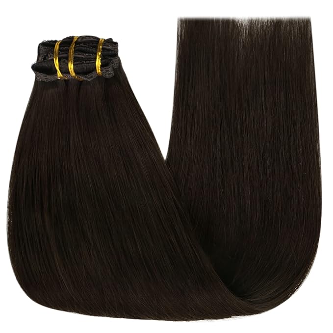 YoungSee Clip in Hair Extensions Real Human Hair Brown Straight Hair Extensions Clip ins Darkest Brown Clip in Real Hair for Women Non Damaging 16In 120G 7Pcs