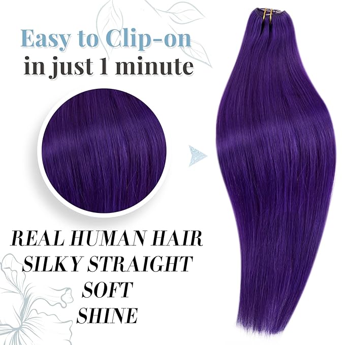 RUNATURE Purple Clip in Hair Extensions Real Human Hair, Straight Clip in Human Hair Extensions, Full Head, Colored Layered Natural Hair, Soft Tangle-free Hair, 16 Inch 70g/5pcs