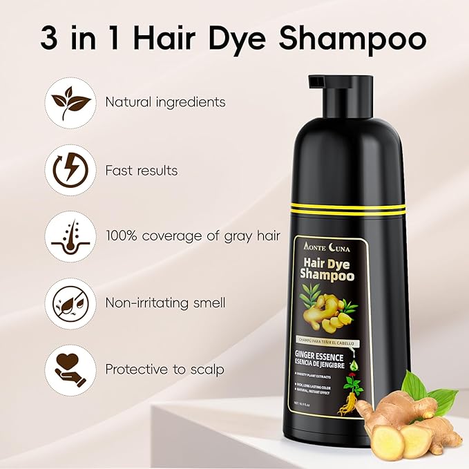 IIIMEIDU Hair Dye Shampoo 3 in 1, Natural Hair Dye Semi Permanent Hair Color, Gray Hair Cover Up, Ginger Essence shampoo for Color Treated Hair for Women and Men (500ml) 1