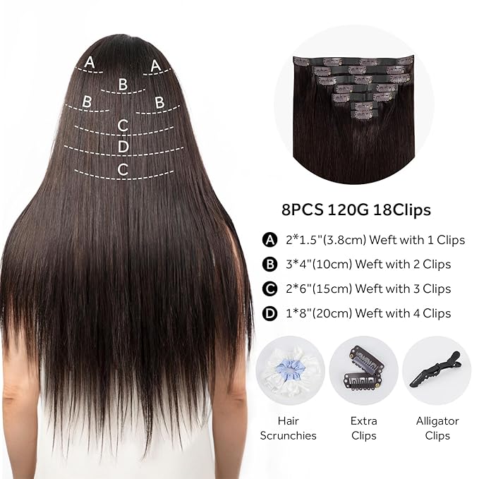 Clip in Hair Extensions Real Human Hair Dark Brown Seamless Clip In 100% Remy Hair Extensions PU Skin Weft Add Volume Thick&Invisible #2 16Inch 120G 8PCS