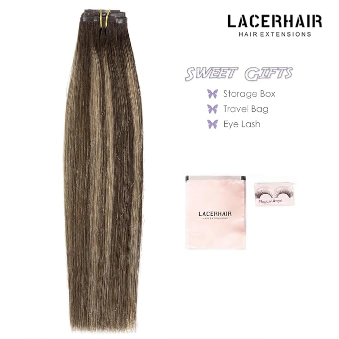 Lacer Hair Remy Human Hair Clip in Extensions Full Head Silky Straight Tape Weft Invisible Clip on Hair Extensions Human Hair Chestnut Brown Mixed Dark Brown with Brown Roots R#2-2/6 22 Inch 110g 7pcs