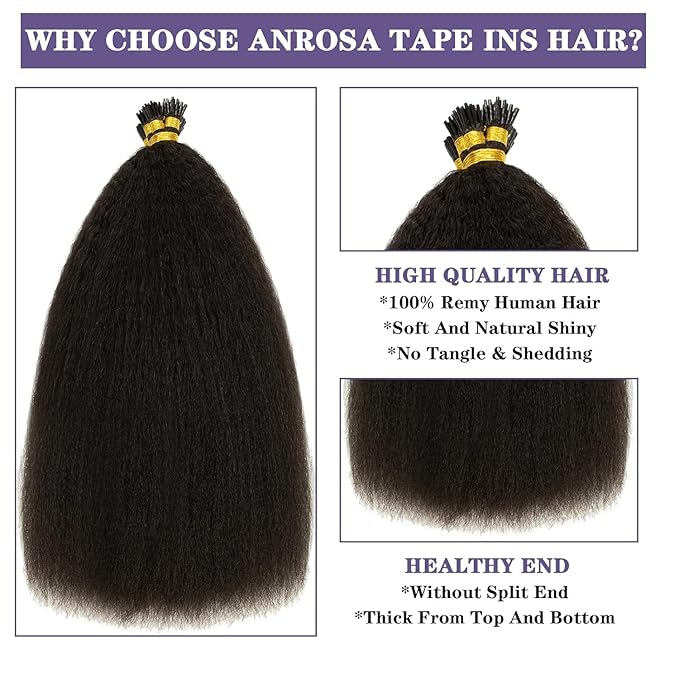Anrosa Kinky Straight I Tip Hair Extensions 14inch Itip Human Hair Extensions Black 100% Brazilian Hair 50g I Tip Hair Coarse Yaki Microlinks Stick