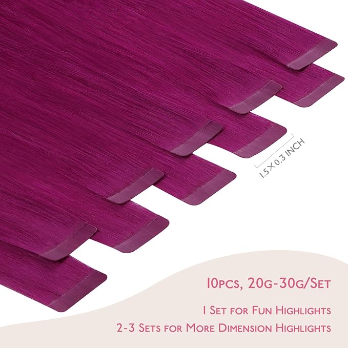 WENNALIFE Tape in Hair Extensions Human Hair Violet Tape in Extensions, 10pcs 20g 12 inch Remy Invisible Tape Ins Straight Colored Soft Real Human Hair Tape in Extensions Refill Set Extensions