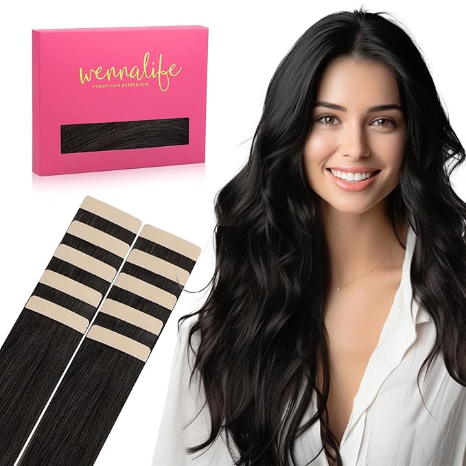 WENNALIFE Tape in Hair Extensions Human Hair Natural Black Tape in Extensions, 10pcs 20g 10 inch Remy Invisible Tape Ins Straight Colored Soft Real Human Hair Tape in Extensions Refill Set Extensions