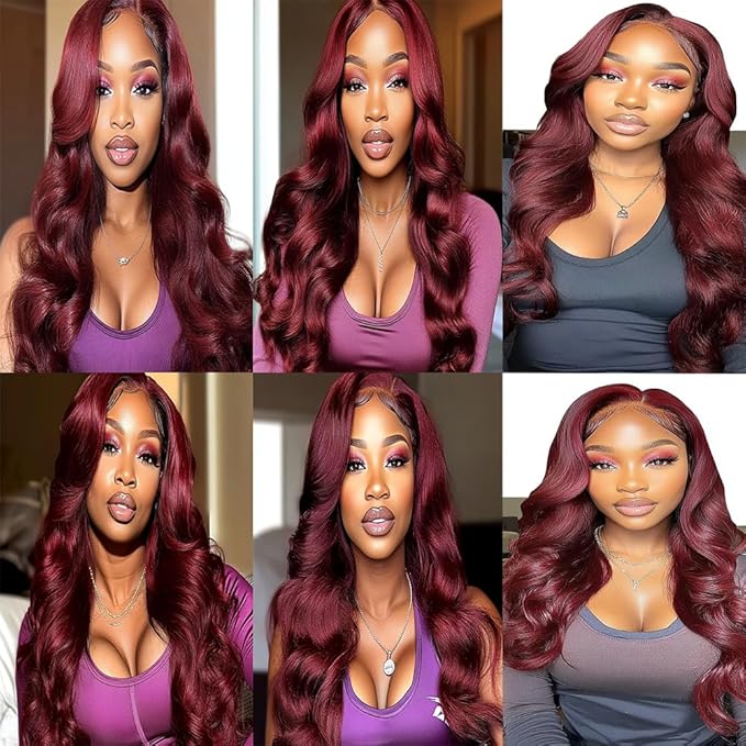Wine Red Body Wave Bundles Human Hair Burgundy Color 99j Body Wave Bundles Brazilian Human Hair Weave Extensions Soft and Silky for Black Women 30 30 30 Inch