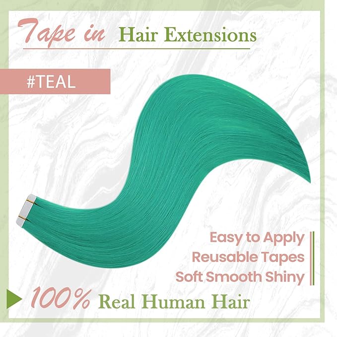 RUNATURE Colored Tape ins Human Hair Extensions Silky 20 Inch Long Tape in Teal Hair Extensions Natural Hair Invisible Glue in Remy Hair Extensions Teal Full Ends 10pcs 25g
