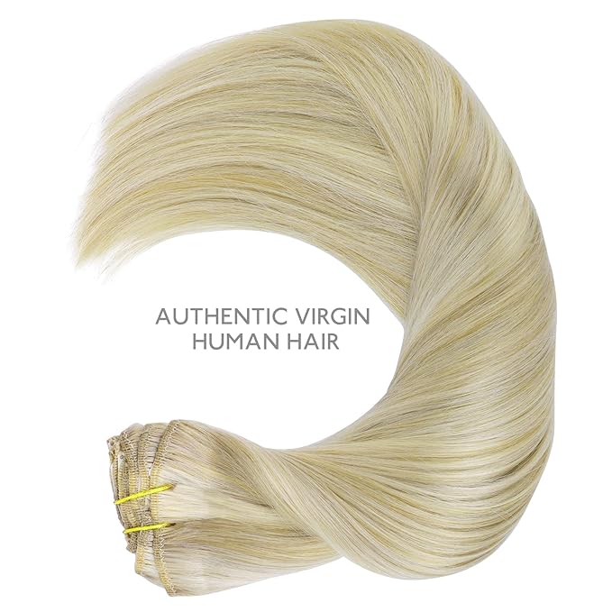 WENNALIFE Clip in Hair Extensions, 14 Inch 120g 7pcs Ash Blonde Highlighted Platinum Blonde Hair Extensions Clip in Human Hair Remy Clip in Hair Extensions Real Human Hair Double Weft