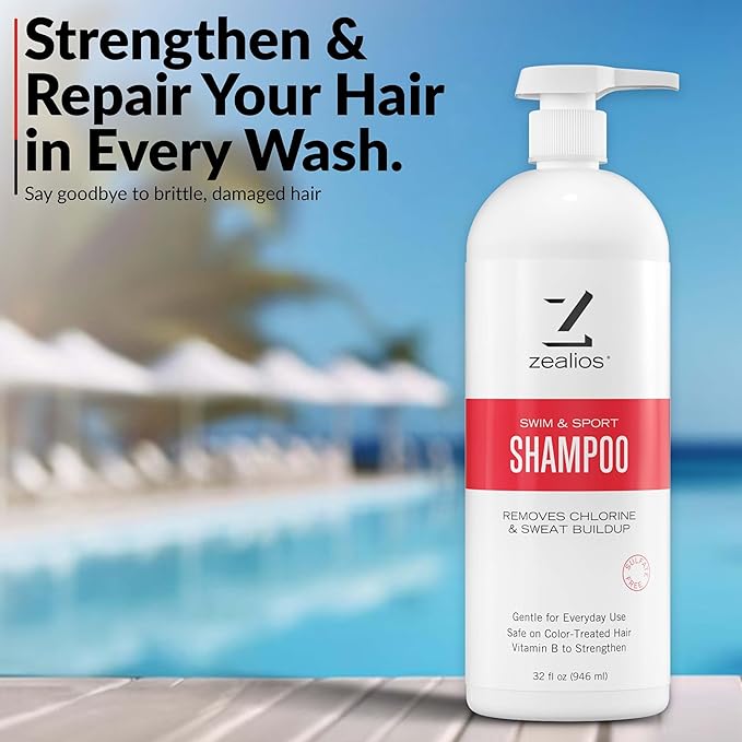Zealios Sport Clarifying Shampoo, 32 oz Pump Bottle for Extremely Damaged Hair, Pool Hair Repair & Protector - Sulfate-Free, Moisturizing Chlorine & Salt Removal, Color-Safe, Citrus Scent for Swimmers