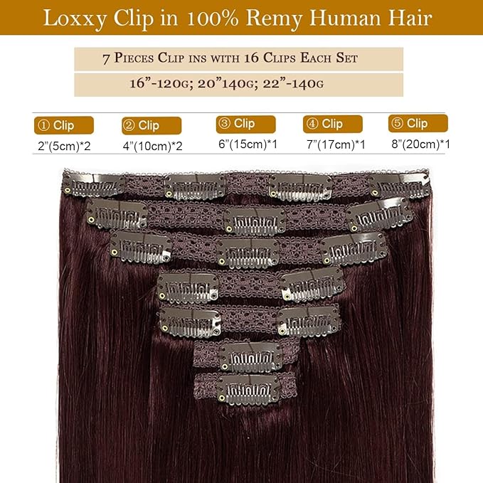 Loxxy 14Inch Hair Extensions Seamless Clip in Human Hair 9A Grade Brazilian Human Hair Extension Red Wine #99J Silky Straight Natural Hair Extensions Clip in Double Weft Human Hair 7pcs 16 Clips 120G