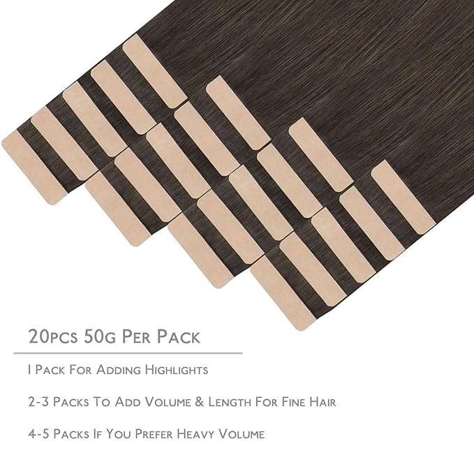 WENNALIFE Tape in Hair Extensions Human Hair, 20pcs 50g 22 inch Cool Dark Brown Remy Hair Extensions Straight Human Hair Tape in Extensions Skin Weft Tape Extensions