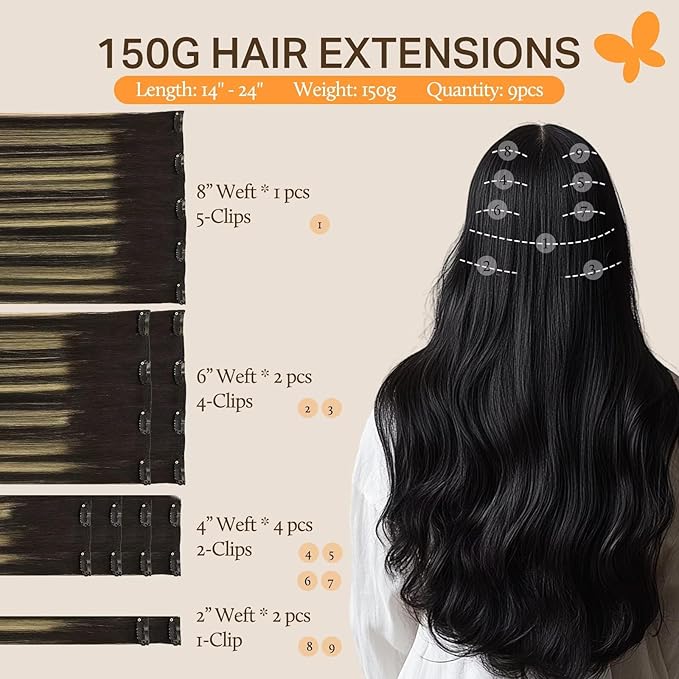 DOORES Clip in Extensions Human Hair, Balayage Natural Black to Light Blonde 16 Inch 150g 9pcs, Real Hair Extensions Clip in Straight Natural Hair Extensions