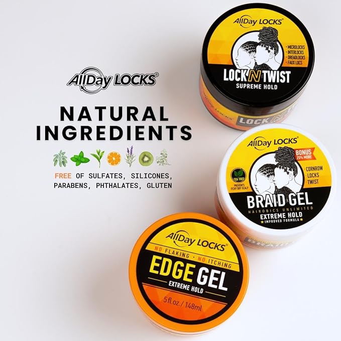 AllDay Locks Braid Gel (Bucket) | Extreme Hold, High Shine | Frizz & Flake-Free Edge Control | Tea Tree, Lavender, Peppermint Oil | Slick & Style Braids, Locks, Twists, Cornrows | 64 oz