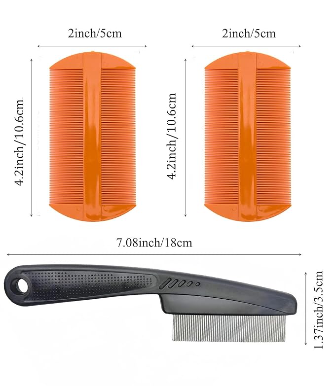 Dandruff Comb Fine Tooth Scalp Detox Comb Lice for Women, Men & Kids Stainless Steel Scalp Detoxing, Sweep & Massage Hair Brush Tool for Hair Care (2PC Black+Orange)