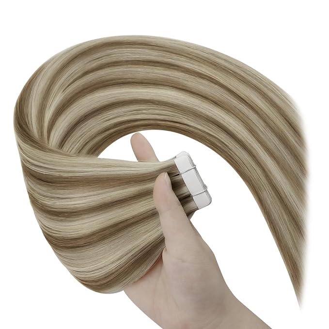 YoungSee Tape in Extensions Human Hair Highlight Brown Tape Hair Extensions Real Human Hair Light Brown Highlight Blonde Tapein Hair Extensions Real Human Hair Remy Silky Straight 16 Inch 20pcs 50g