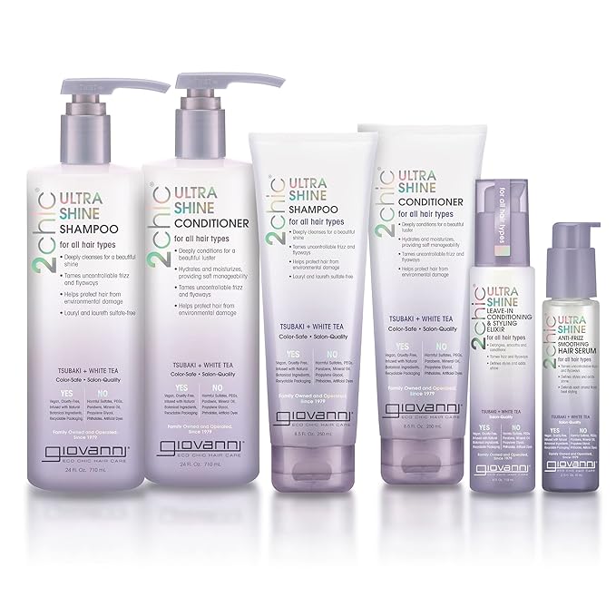 GIOVANNI 2chic Ultra Shine Leave-In Conditioning & Styling Elixir - Hair Serum for All Hair Types, Leave in Hair Treatment, Tsubaki Seed Oil & White Tea, Detangles, Smooths & Conditions - 4oz (2 Pack)