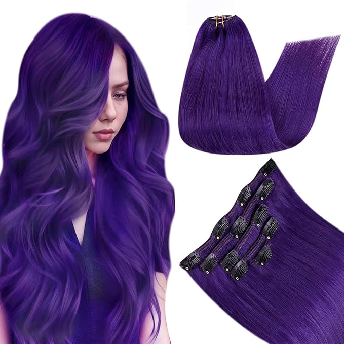 RUNATURE Purple Hair Extensions Clip in Real Human Hair, Full Head Clip in Extensions for Long Hair, Remy Natural Hair Colored Extensions for Women, 22 Inch 70g 5pcs
