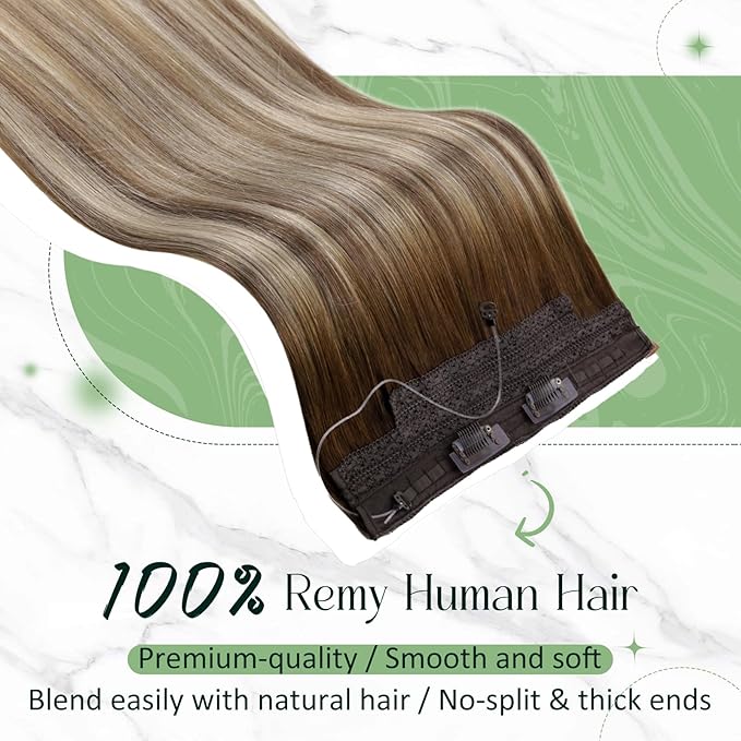 RUNATURE Invisible Wire Hair Extensions Real Human Hair, Hidden Fish Line Hair Extensions, Soft Remy Human Hairpieces, Add Volume 14 Inch 70g #3/8/22 Walnut Brown to Light Brown with Light Blonde