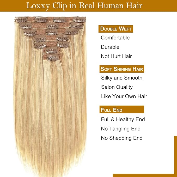 Loxxy 16inch Clip In Hair Extensions Brown Real Human Hair Clip Ins Extensions Light Dark Brown Double Weft Straight Real Hair Extensions Clip in Human Hair Thick Ends Full Head 120G 7PCS