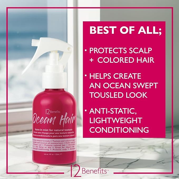 12 Benefits Ocean Hair Wave Spray - Leave-In Mist that Conditions, Moisturizes, Protects Scalp, Protects Against Humidity & Static and Boost Volume (4 Oz)