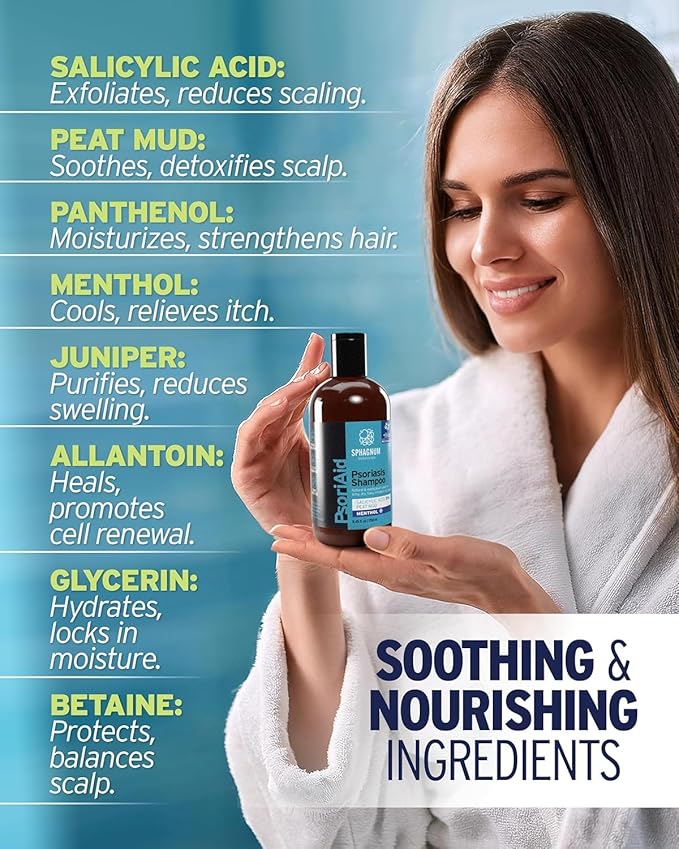NEW 2025 Psoriasis Shampoo with Salicylic Acid – Natural Treatment for Dry, Itchy, Flaky, Red Scalp with Peat & Menthol. Promotes Hair Strength & Growth 8.45 fl oz