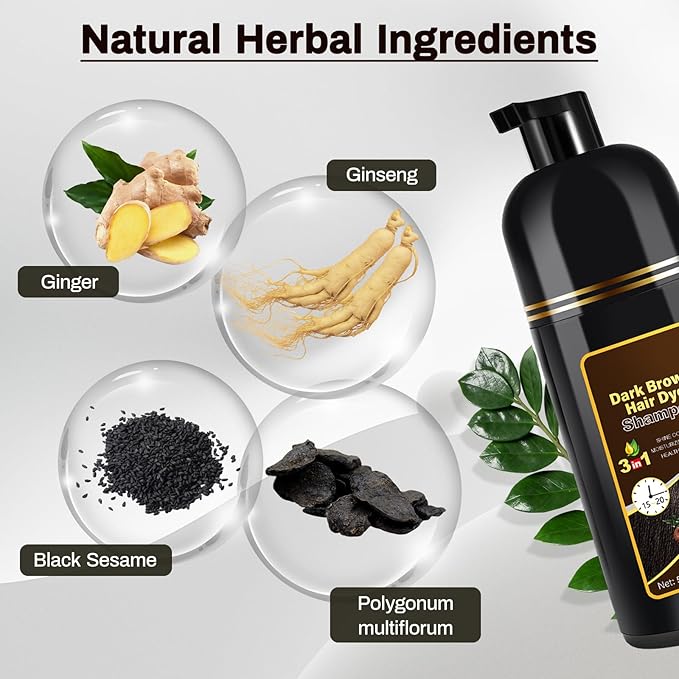Dark Brown Natural Hair Dye Shampoo 3 in 1, 16.9 Fl Oz/500 ML, Semi-Permanent Gray Hair Coverage, Unisex, Natural Ingredients,