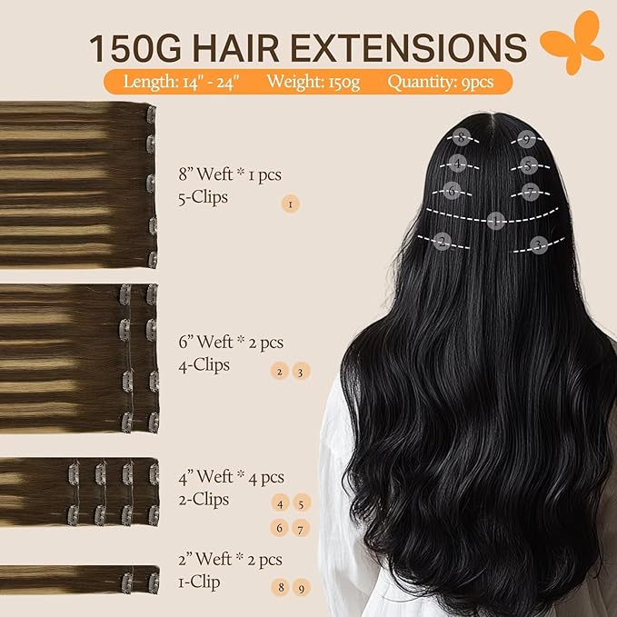DOORES Hair Extensions Real Human Hair, Balayage Chocolate Brown to Caramel Blonde 18 Inch 150g 9pcs, Real Hair Extensions Clip in Human Hair Remy Clip in Hair Extensions Human Hair Natural