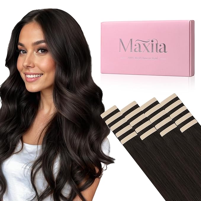 MAXITA Tape in Hair Extensions Human Hair Dark Brown 22 Inch 50g 20pcs Remy Human Hair Straight Seamless Real Hair Extensions Tape in Skin Weft Extensions for Women