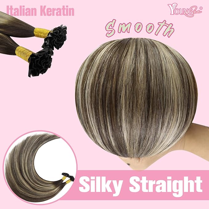 YoungSee Ombre Ktip Hair Extensions Balayage Brown Ombre Blonde K Tip Extensions Ombre 18In 50s/50g Silky Straight