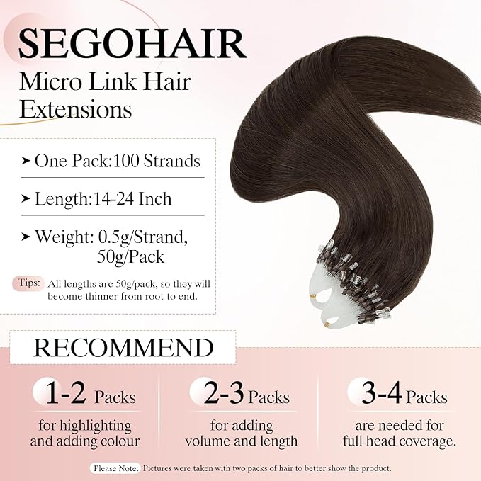 Micro Link Hair Extensions Human Hair Micro Bead Extensions Micro Loop Micro Ring Human Hair Extensions for Women Silky Straight Natural 50g/100 Stands 24" Dark Brown