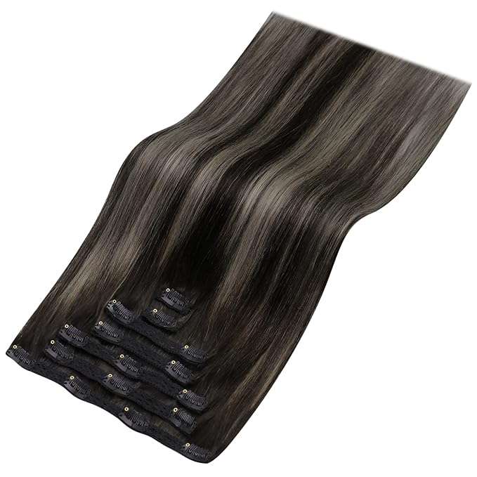 YoungSee 135G Clip in Hair Extensions Ombre Clip in Hair Extensions Human Hair Blend of Black and Silver with Black Roots Black Women for Natural Look 16In