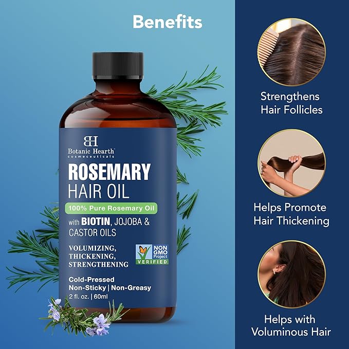 Botanic Hearth 100% Pure Rosemary Oil For Hair (2 Fl Oz) Infused With Biotin, Jojoba & Castor Oil | Hair Strengthening Treatment | Nourishing & Volumizing | Non Gmo Verified