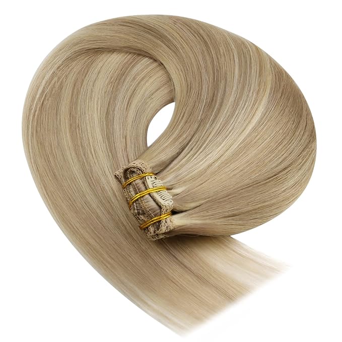 YoungSee Clip in Hair Extensions Human Hair Highlight Lace Clip in Extensions Real Human Hair Dark Ash Blonde Highlights Golden Blonde Remy Human Hair Extensions Clip ins Blonde 16Inch 7Pcs 120G