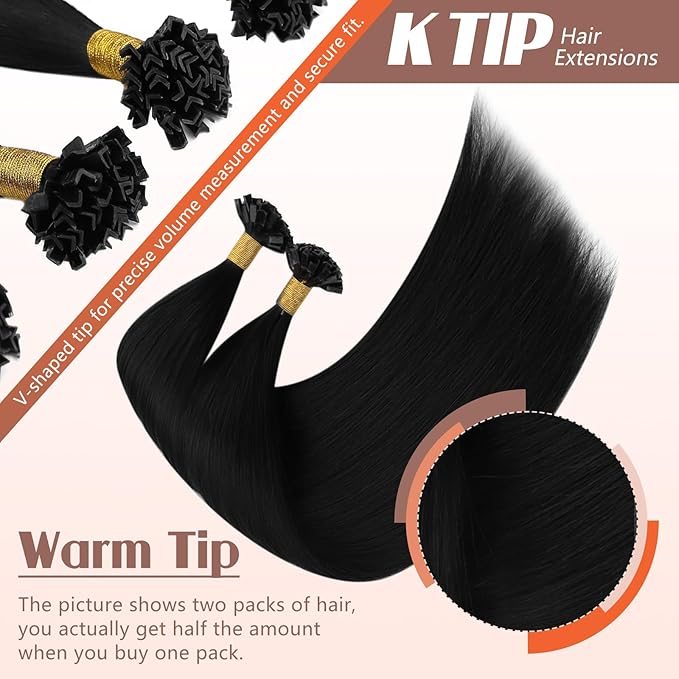 Sunny Hair Ktip Human Hair Extensions 18inch K Tip Hair Extensions Real Human Hair Jet Black Pre Bonded Hair Extensions Easy to Curl 50g
