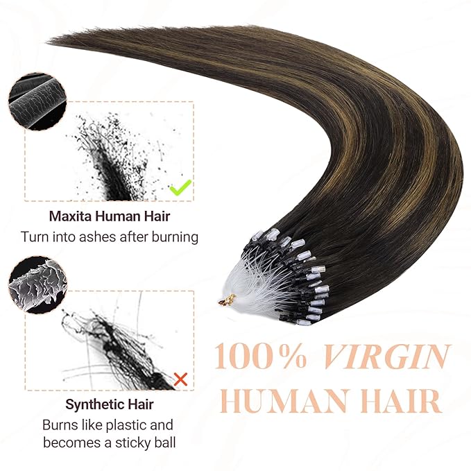MAXITA Microlink Hair Extensions Human Hair Balayage Dark Brown Mixed Chestnut Brown Micro Bead Hair Extensions Virgin Human Hair, 50g/50 Strands/Pack, 18 In