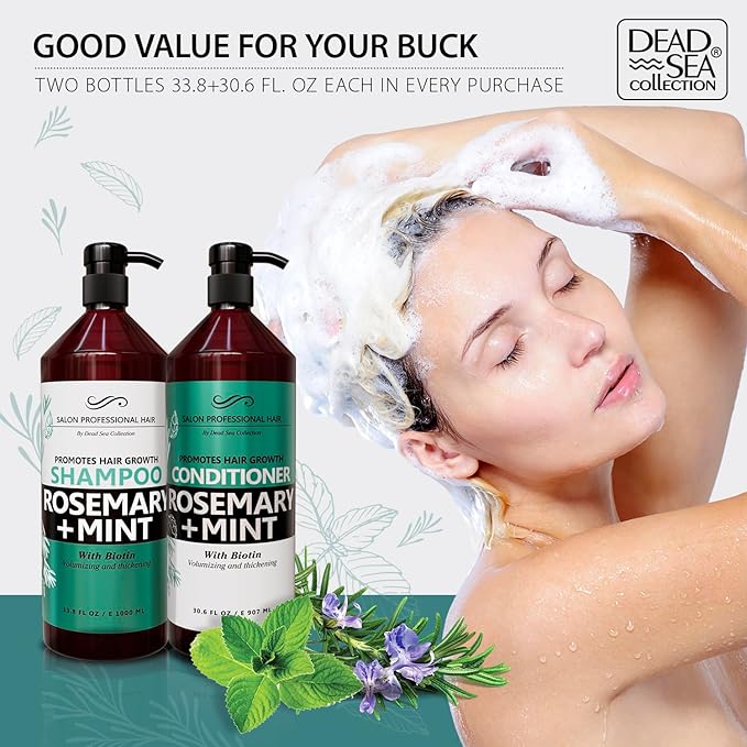 Dead Sea Collection Shampoo and Conditioner Set for Strengthening and Volume - Pure Dead Sea Minerals, Rosemary and Mint – Hair Care - Nutrition, Repair and Shine - Pack of 2 (33.8 & 30.6 Fl. Oz)
