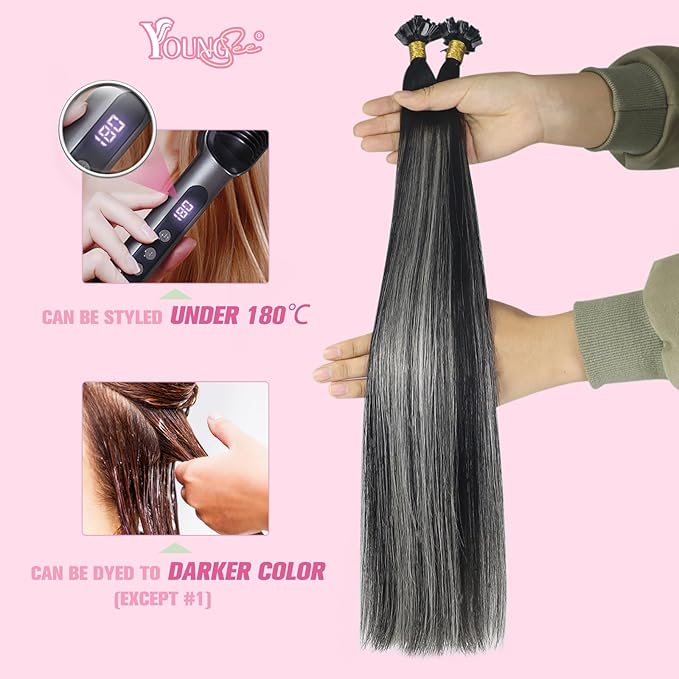 YoungSee K Tip Human Hair Extensions Ombre U Tip Extensions Human Hair Straight Ktip Real Hair Extensions Natural Black Roots to Silver Grey Balayage Hair Extensions K Tip 50g 22inch 50s