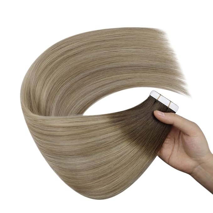 YoungSee Human Hair Tape in Extensions Balayage Brown Tape in Hair Extensions Real Human Hair Brown Ombre Blonde with Medium Brown Tape Human Hair Extensions Silky Straight 20 Inch 20pcs 50g