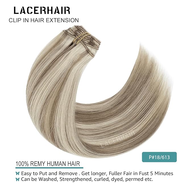 Lacer Clip in Hair Extensions Real Human Hair Golden Blonde Highlight Platinum Blonde Highlight Remy Human Hair Extensions Clip ins for Women 22 Inch 140g 7Pcs Natural Human Hair