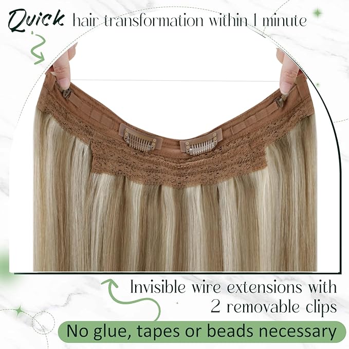 RUNATURE Invisible Wire Hair Extensions Real Human Hair, Fish Line Extensions for Women, Thick Wire Extensions to Add Volume, Soft Remy Hair, 18 Inch 80g #8P24 Ash Brown Highlight Bleach Blonde