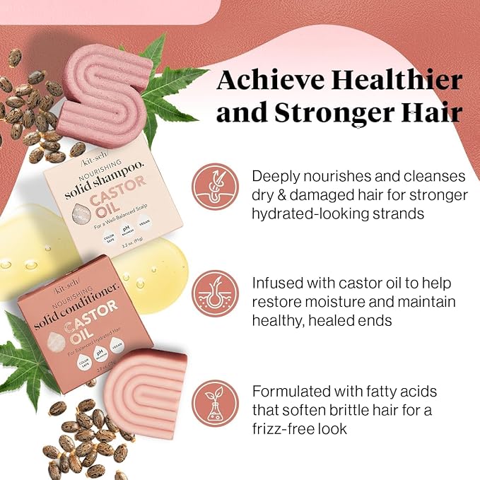 Kitsch Castor Oil Shampoo and Conditioner Set - Organic Castor Oil Hair Care for Dull & Dry Hair - Nourishing Bar Soap for Hair Growth - Free of Sulfate, Silicone, & Paraben - Made in USA - 2pcs