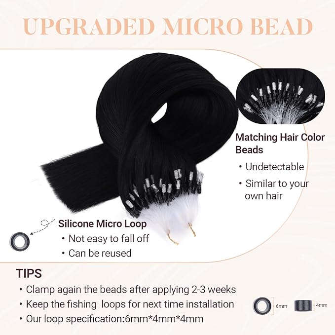 MAXITA Microlink Hair Extensions Human Hair, Jet Black Micro Bead Hair Extensions Virgin Human Hair, 50g/50 Strands/Pack, 14 In
