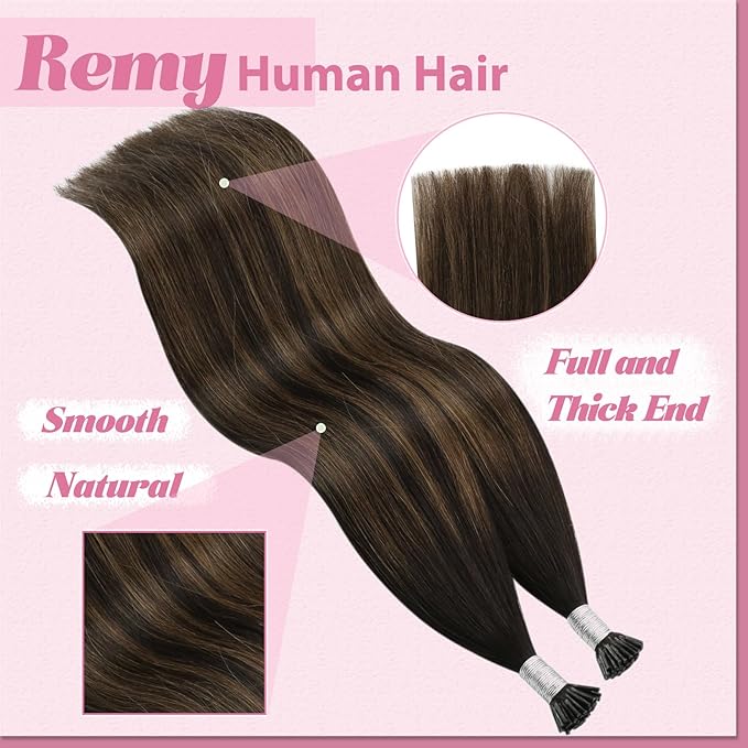 YoungSee Itip Hair Extension Real Human Hair Brown I Tip Extensions Dark Brown Balayage Brown Tip Hair Extensions Real Human Hair 14 Inch Ombre Keratin Tip Extensions Short Hair Extensions 50g 80s