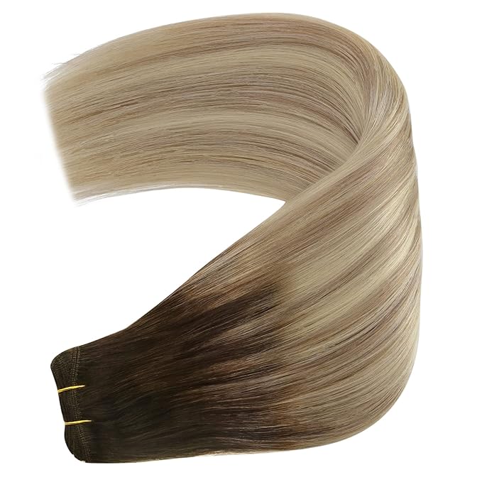 YoungSee 24Inch Weft Hair Extensions Real Human Hair Ombre Blonde Sew in Hair Extensions Dark Brown Base with Medium Ash Blonde and Light Blonde Highlights Hair Extensions Real Human Hair Weft 100G
