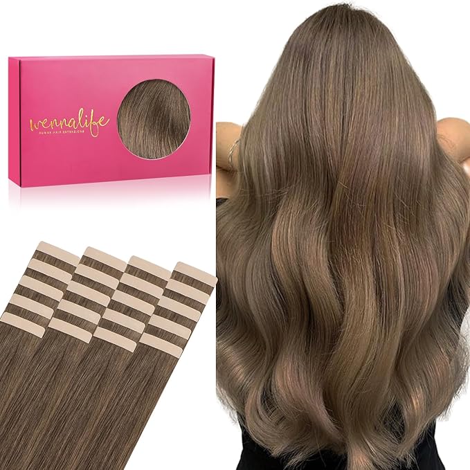 WENNALIFE Tape in Hair Extensions Human Hair, 20pcs 30g 10 inch Light Ash Brown Extensions Real Human Natural Straight Tape in Invisible Human Hair Extensions
