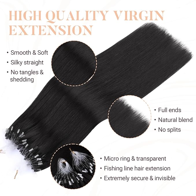MAXITA Microlink Hair Extensions Human Hair Natural Black Micro Bead Hair Extensions Virgin Human Hair, 50g/50 Strands/Pack, 22 In