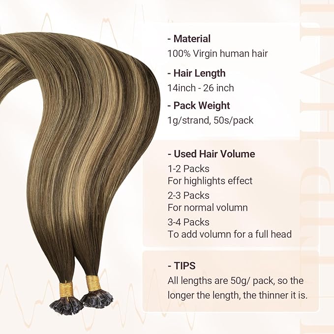 MAXITA U Tip Hair Extensions Human Hair, Balayage Chocolate Brown to Caramel Blonde Virgin Human Hair Extensions Real Human Hair, 50g/50 Strands/Pack, 14 In
