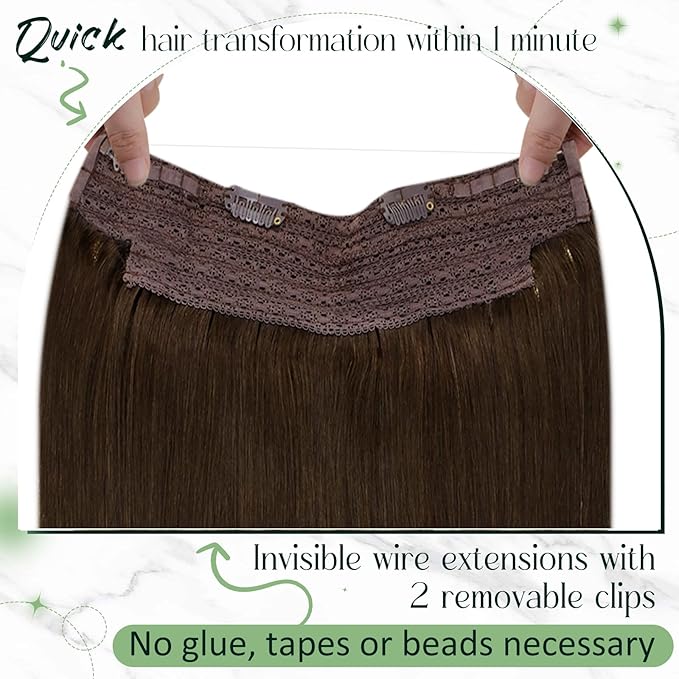 RUNATURE Invisible Wire Hair Extensions Short, Transparent Fish Line Hair Extensions Real Human Hair Brown, Remy Straight Heat-resistant, Easy to Maintain, 12 Inch 70g #4 Chocolate Brown