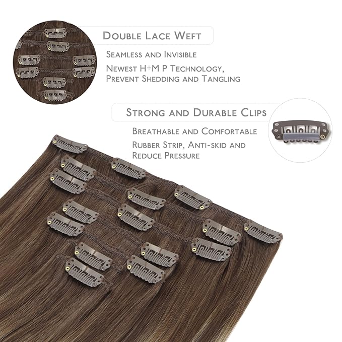 WENNALIFE Clip in Hair Extensions Real Human Hair, 20 Inch 120g 7pcs Balayage Chocolate Brown to Honey Blonde Remy Hair Double Weft Straight Natural Extensiones De Cabello Humano Con Clip Ins