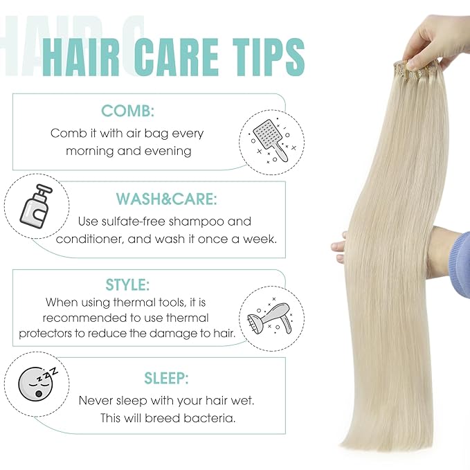 YoungSee Clip in Hair Extensions Real Human Hair Blonde Hair Extensions Clip ins Platinum Blonde Thick End Full Head Blond Real Human Hair Extensions Clip ins 7Pcs 120G 16Inch